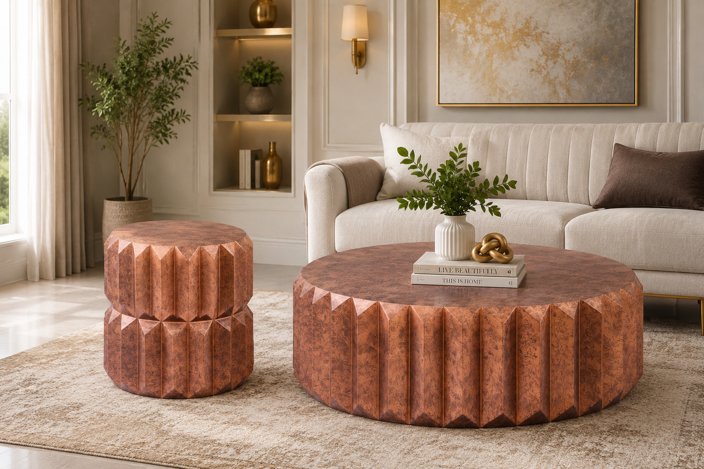 Oswin Antique Copper Aluminum Coffee Table Set – 2-Piece Round Geometric Coffee & End Table