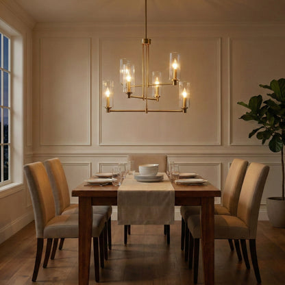 Timeless Satin Brass Six-Light Chandelier – 24" Clear Ribbed Glass Chandelier