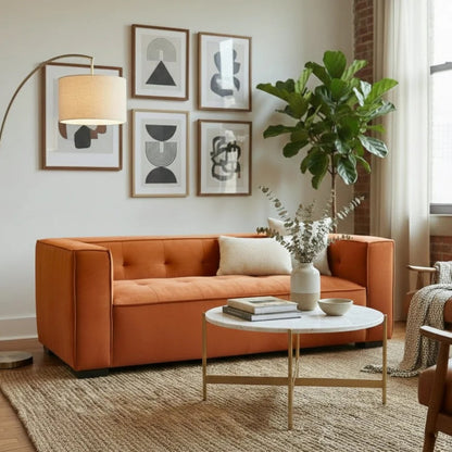 Johnston Burnt Orange Velvet Sofa – 88" 3-Seat Tufted Couch
