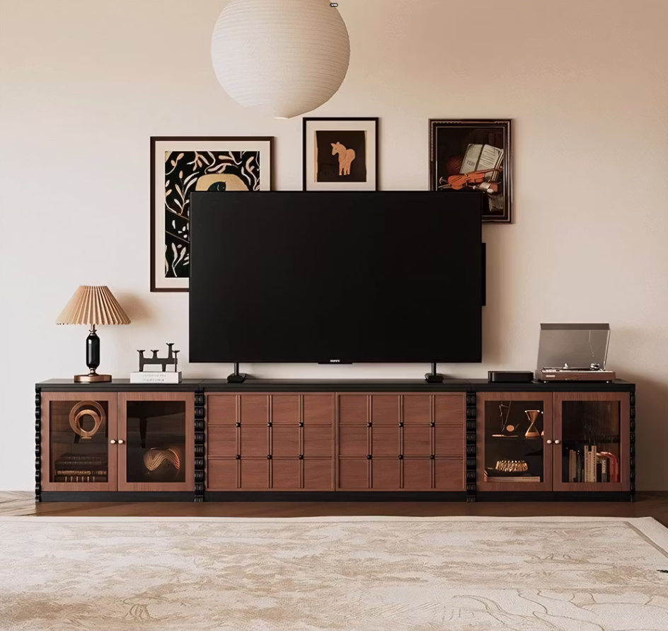 Nevin Walnut Modular Media Console – 100" TV Stand with Storage & Display Cabinets