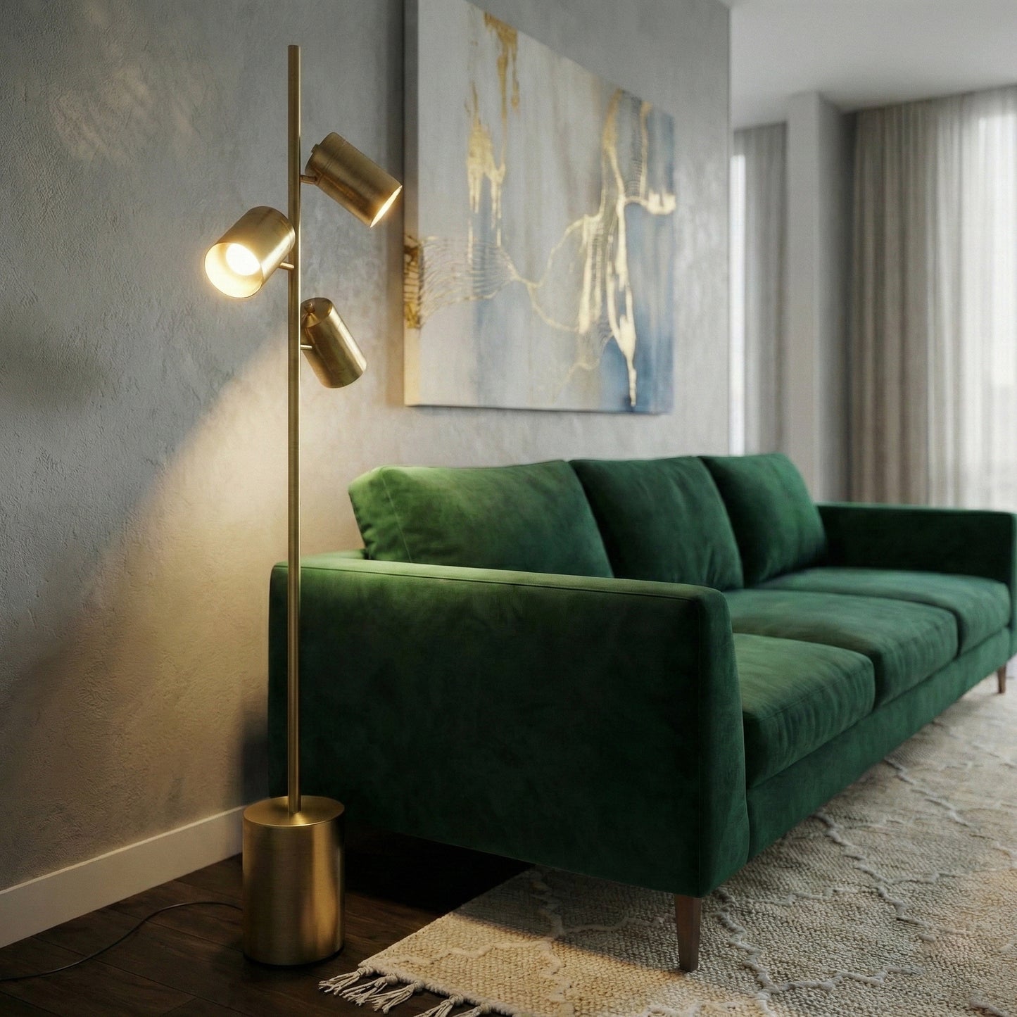 Harmony Brassed Gold Triple-Spot Floor Lamp – 63" Metal Block Base Floor Lamp