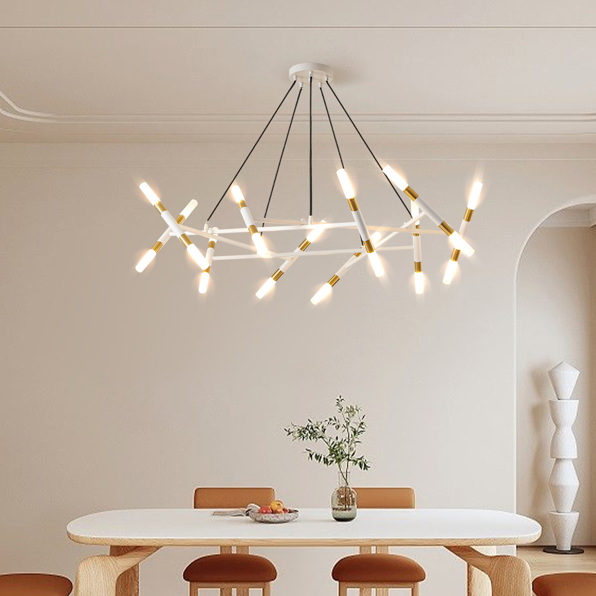 41" White & Golden Modern Chandelier Light Fixture, Branch Design with Frosted Tubes, Black Cords
