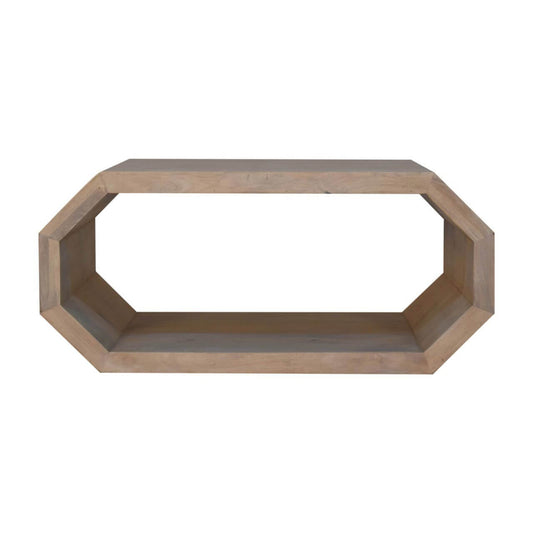 Solid wood hexagonal coffee table showcasing open-frame design and elegant lime marble finish.