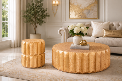 Oswin Antique Gold Aluminum Coffee Table Set – 2-Piece Round Geometric Coffee & End Table