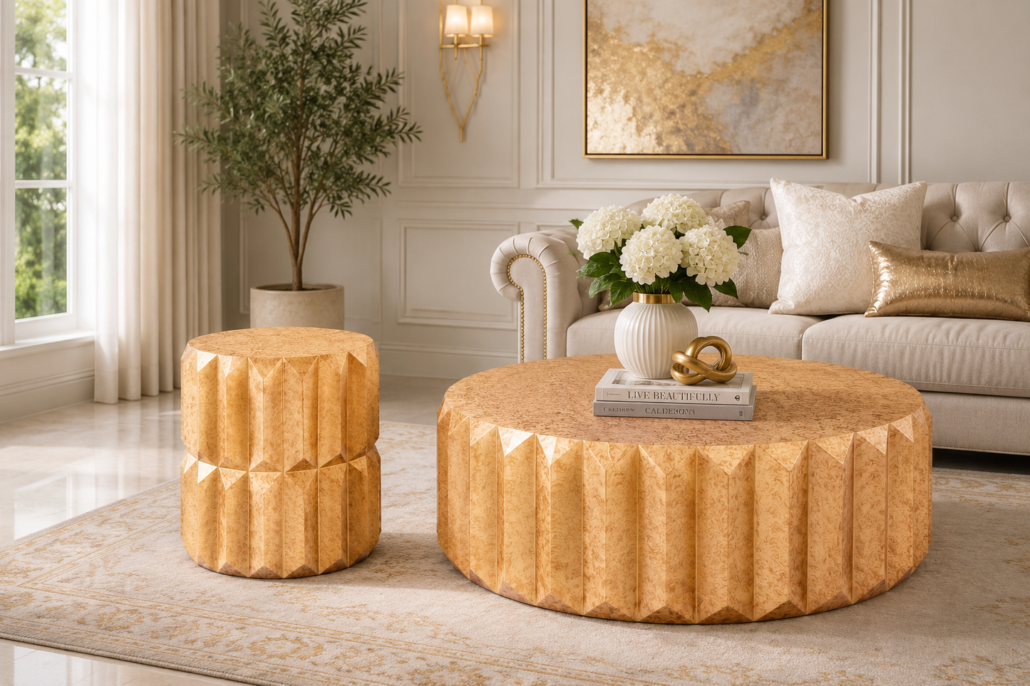 Oswin Antique Gold Aluminum Coffee Table Set – 2-Piece Round Geometric Coffee & End Table