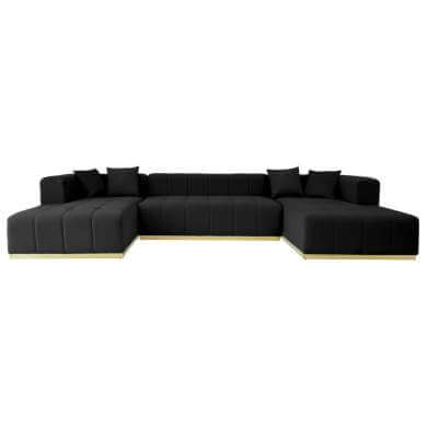 Nolan Tufted Velvet U-Shape Dual Chaise Sofa Sectional in black with plush cushions and gold trim.