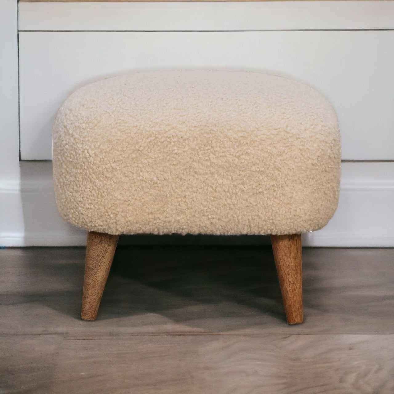 Radley Beige Boucle Footstool – 15.7" Square Upholstered Ottoman with Mango Wood Legs