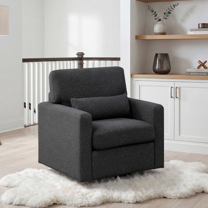 Wren Black Boucle Swivel Accent Chair – 35" Barrel-Style Armchair With Lumbar Pillow