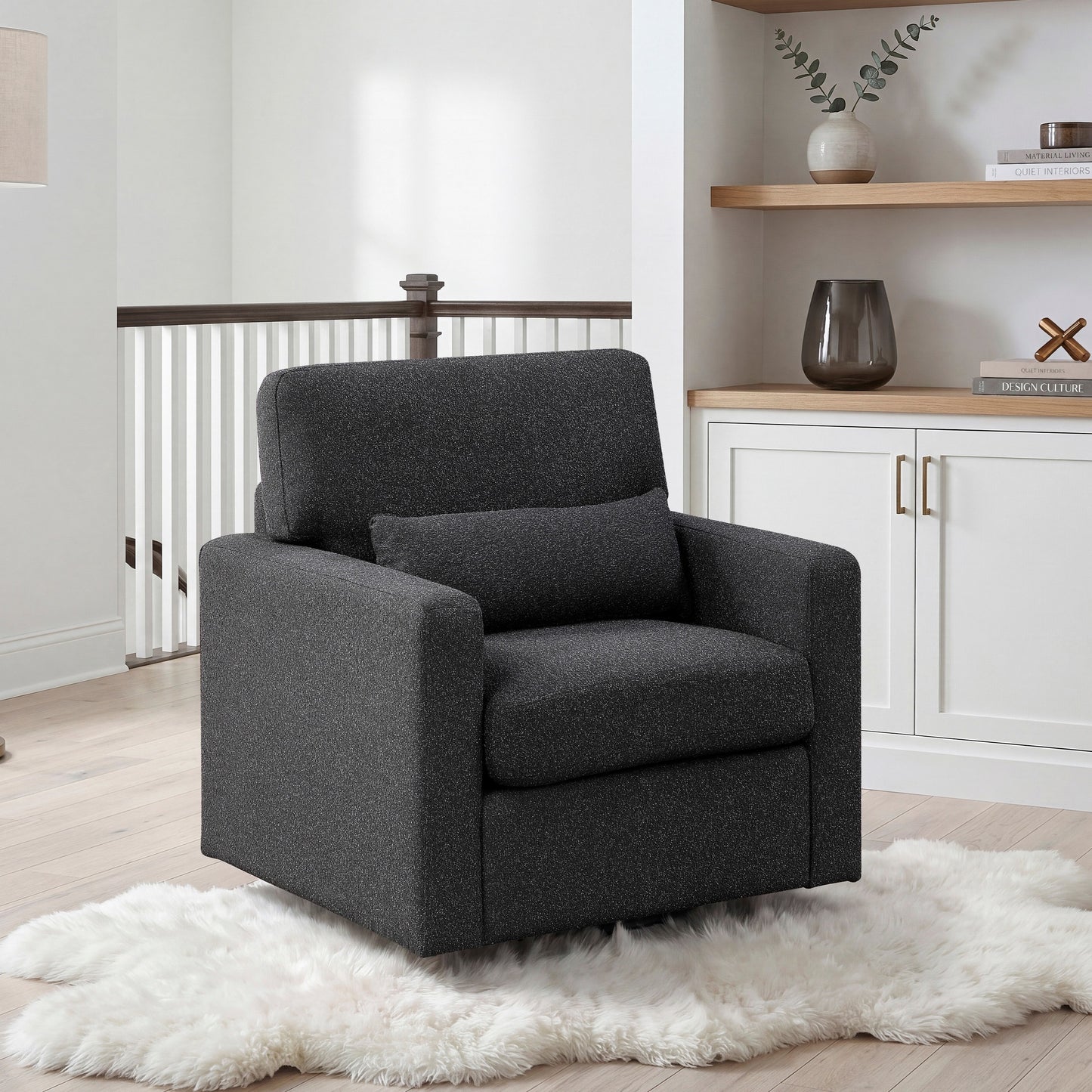 Wren Black Boucle Swivel Accent Chair – 35" Barrel-Style Armchair With Lumbar Pillow