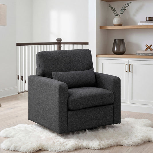 Wren Black Boucle Swivel Accent Chair – 35" Barrel-Style Armchair With Lumbar Pillow