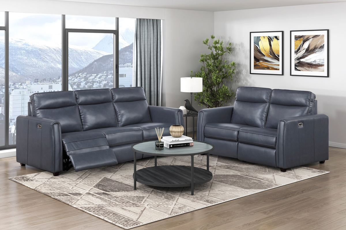 Ardley Navy Faux Leather Power Reclining Sofa Set