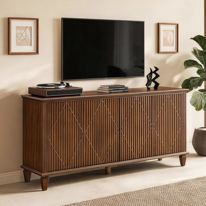 58" Mid Century Modern TV Stand, Wood Storage Cabinet with Carved Geometric Doors, 4 Door Media Console
