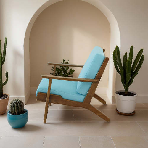 Connor Solid Wood Linen Armchair – Mid-Century Modern Lounge Chair (4 Colors) in blue, elegantly placed near house plants.