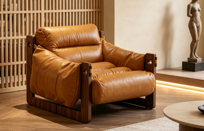 Caramel oil-waxed leather lounge chair