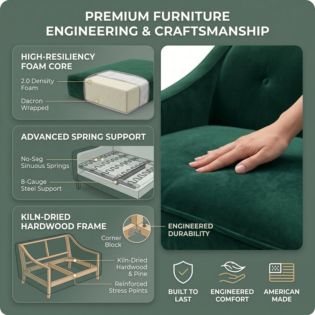 Berlin Classic Sofa – 87" American-Made 3-Seat Sofa - Velvet Antique Kelly Green - Velvet (10)