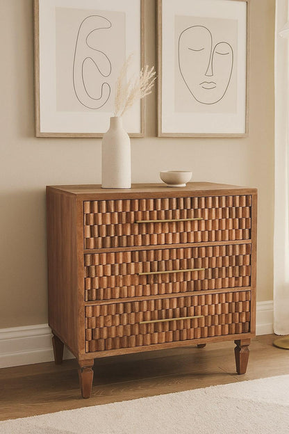 Arno Golden Teak Mango Wood Chest – 32.7" Block-Carved 3-Drawer Chest