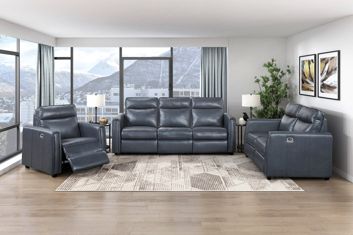 Ardley power reclining sofa, loveseat and chair set in navy faux leather
