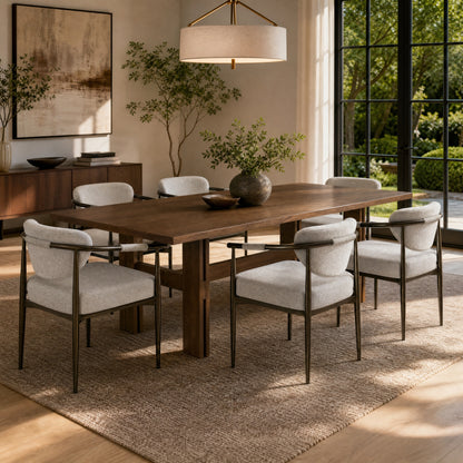 Ingrid Walnut & Bronze 7-Piece Dining Set – 71" Table with 6 Beige Iron-Frame Chairs