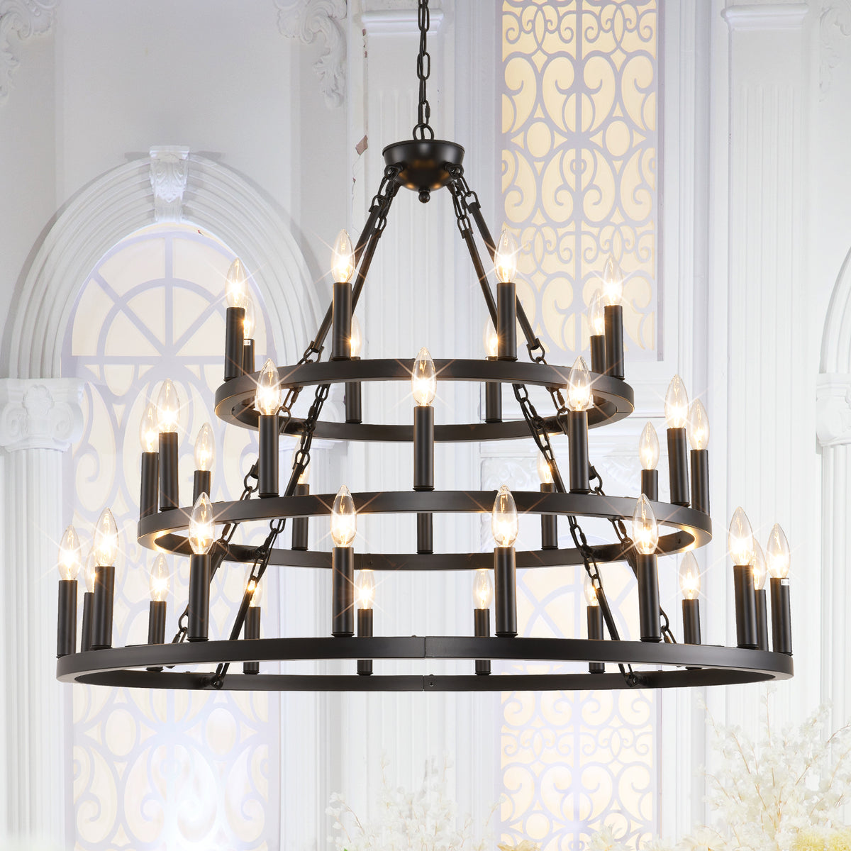 39.37 INCH 3 Tiers Wagon Wheel Chandelier Farmhouse 36-Light(8+12+16)