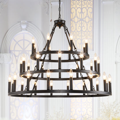 39.37 INCH 3 Tiers Wagon Wheel Chandelier Farmhouse 36-Light(8+12+16)