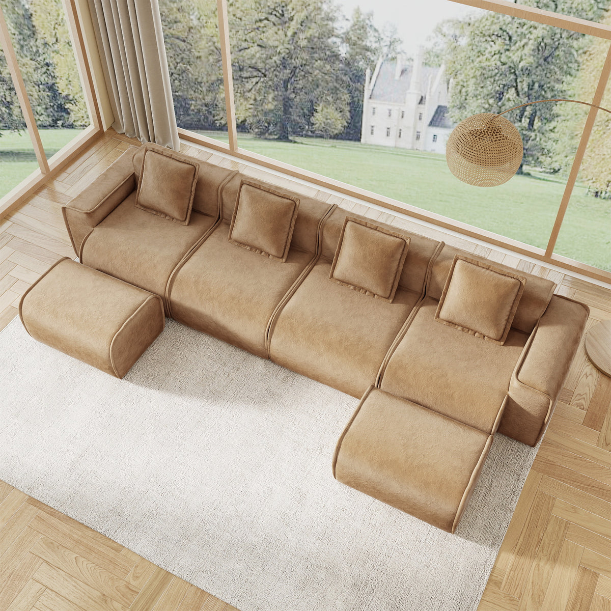 Streamlined Design Modular 4 Seat U Shape Sectional Boneless Sofa with French Edge Piping