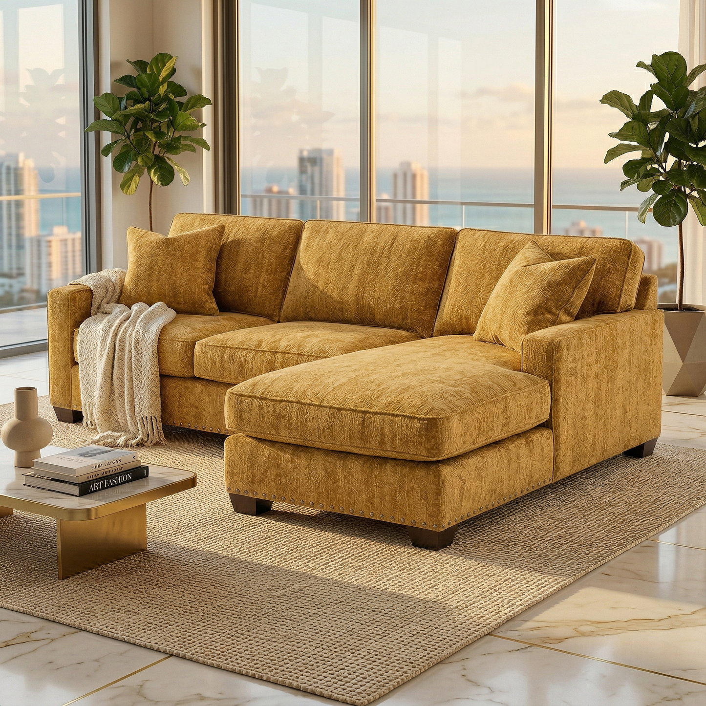 Clifford L-Shaped Sectional Sofa – Made in USA, 9 Fabric Options - Hepburn Chai Tea Yellow Fabric (11)