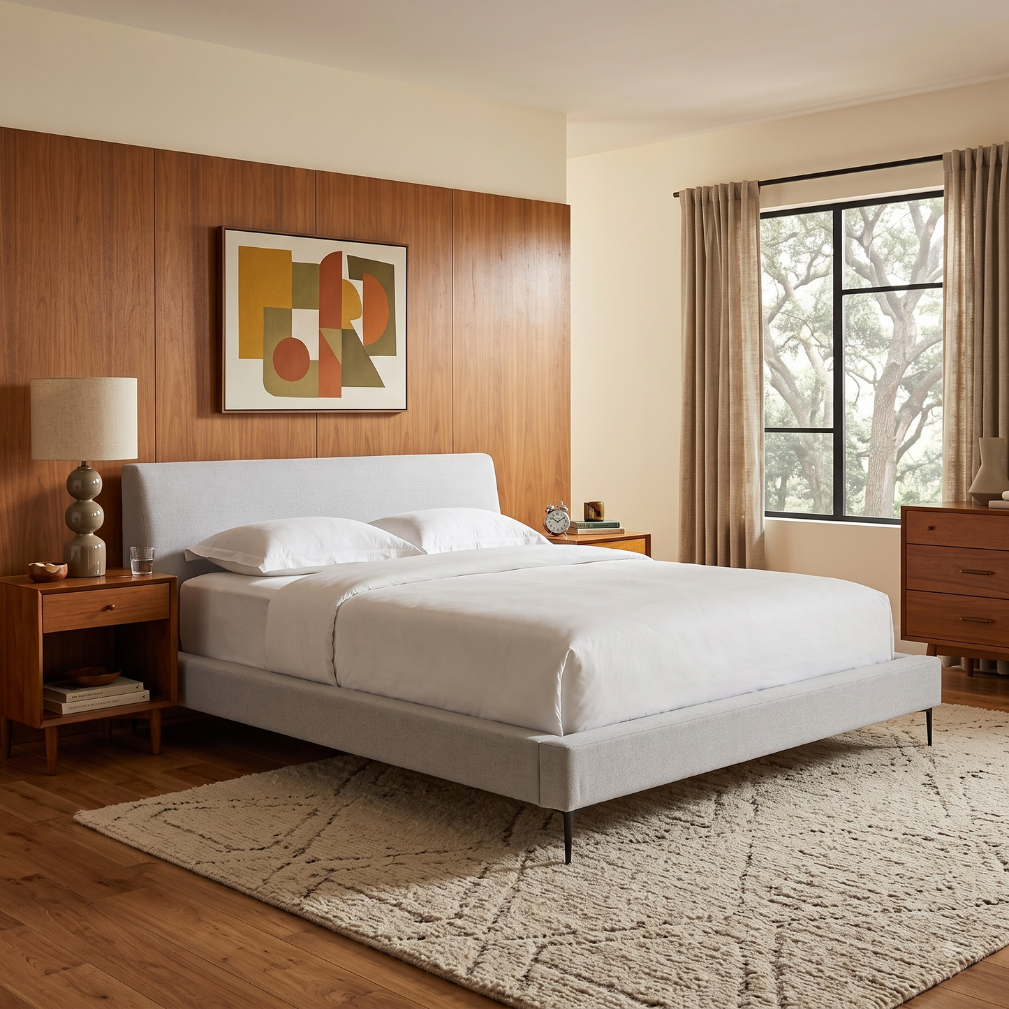 Brooke Woven Palo Grey Upholstered Platform Bed – Queen Mid-Century Bed Frame