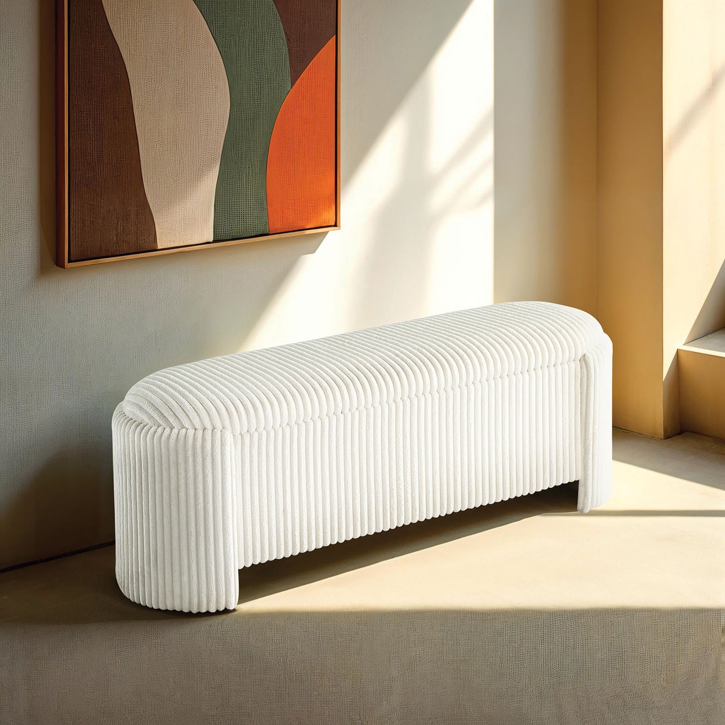 Halvard White Corduroy Storage Bench – 51" Upholstered Living Room Bench