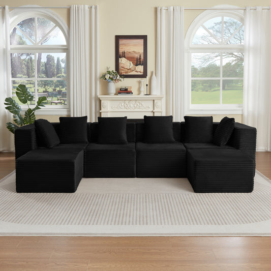 Abernathy Black Corduroy Modular Sofa – 6-Seat Boneless Compressed Couch