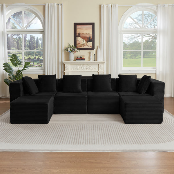 Abernathy Black Corduroy Modular Sofa – 6-Seat Boneless Compressed Couch