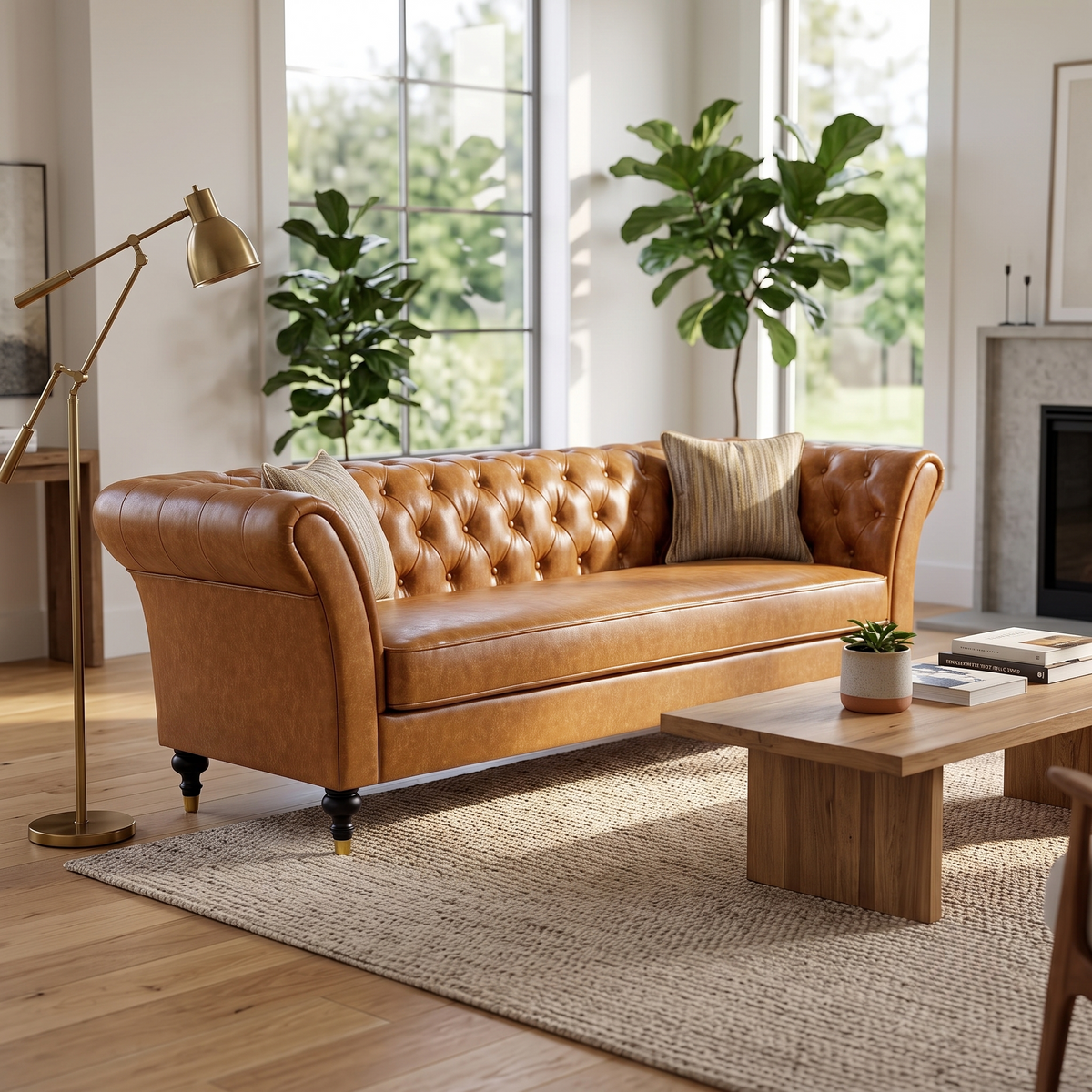 Barrington Chesterfield faux leather sofa in light brown