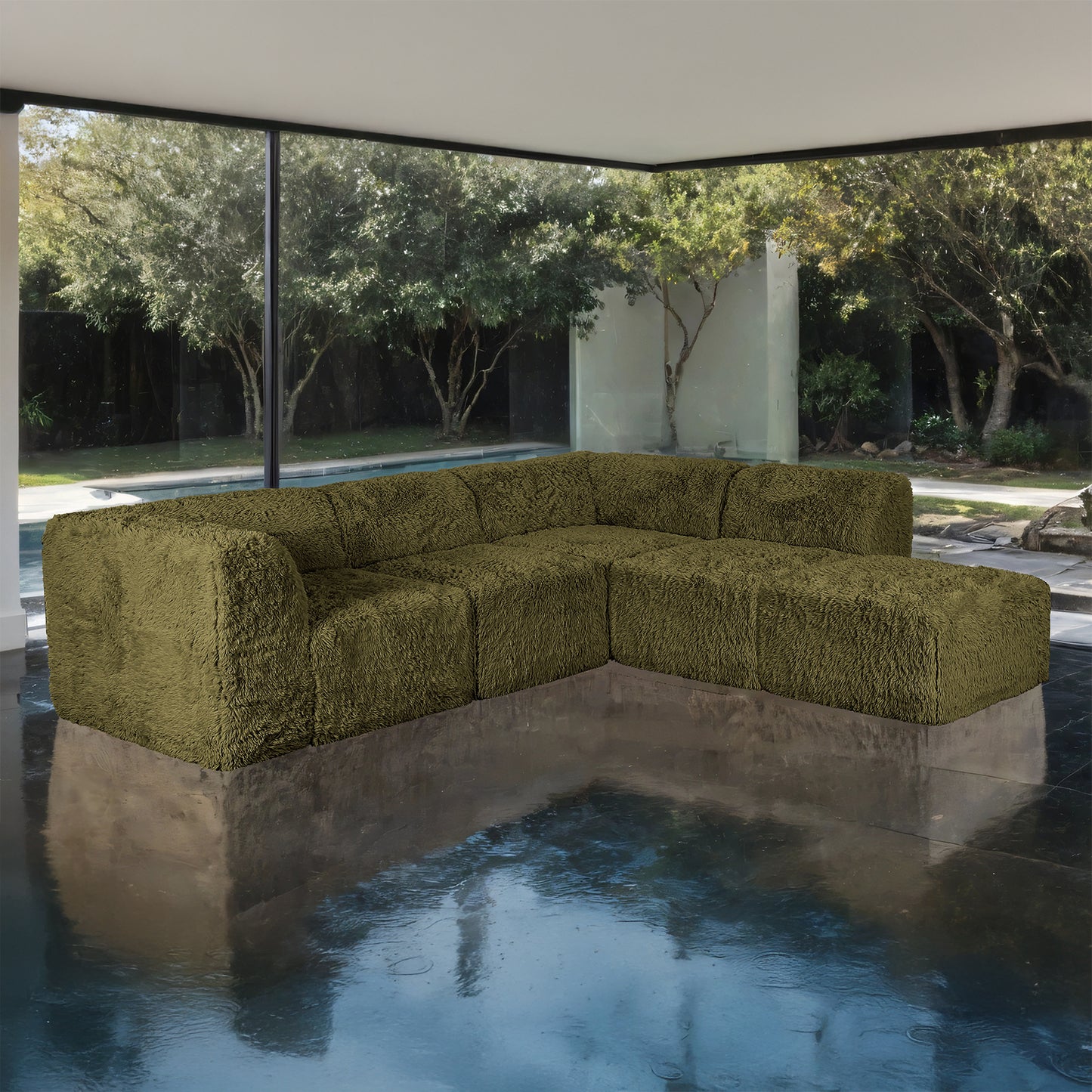 Hollis Modular L-Sectional Sofa – Olive Green Faux Fur, 5-Piece