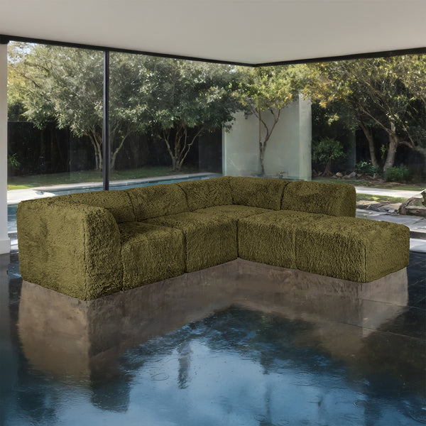 Hollis Modular L-Sectional Sofa – Olive Green Faux Fur, 5-Piece