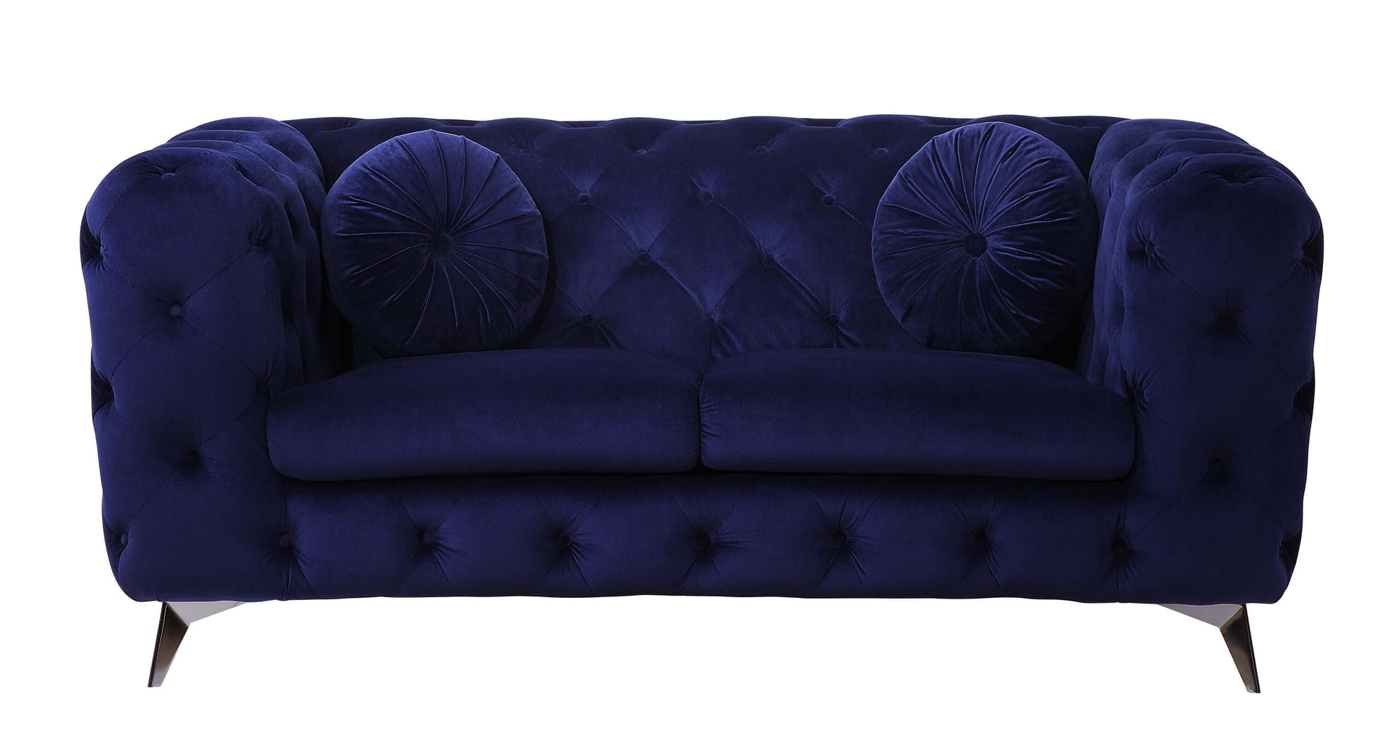Atronia Luxe Deco Blue Velvet Sofa Loveseat 72" with tufted design and plush cushions in deep blue.