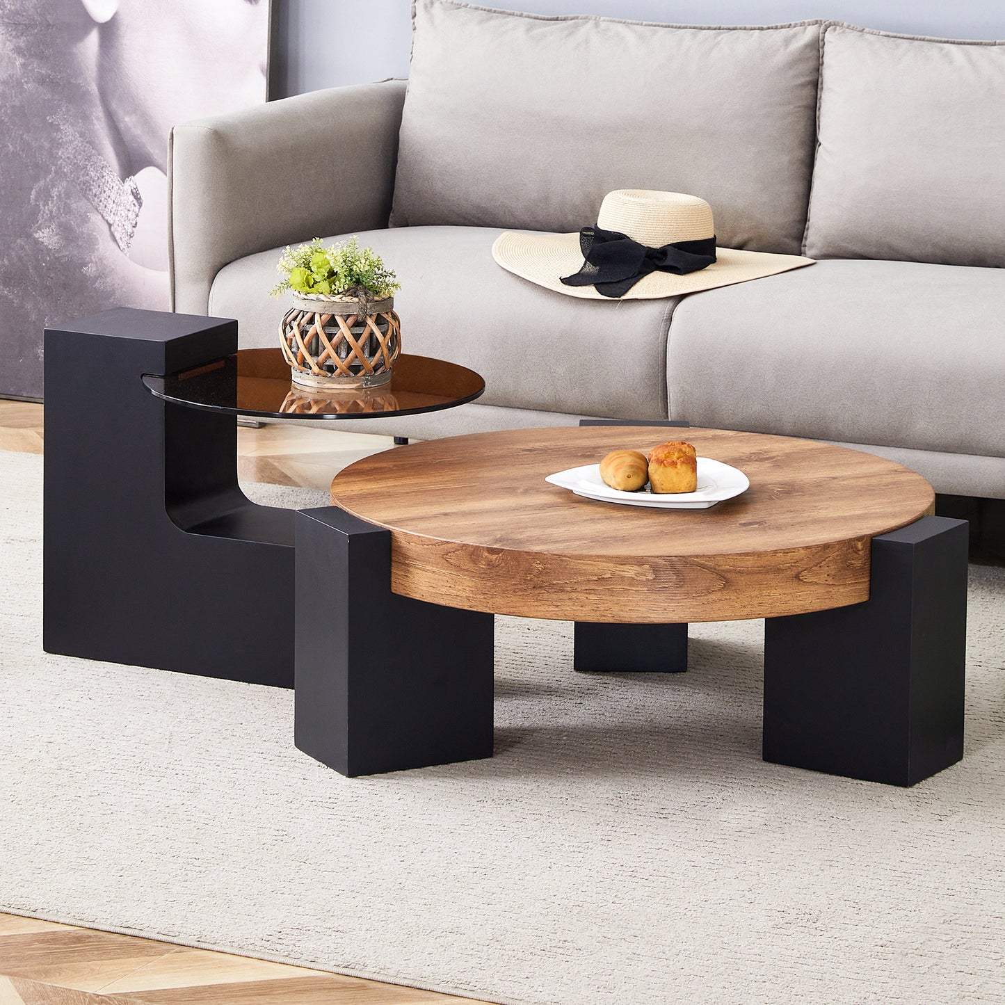 Rhodes Brown Glass Round Coffee Table – Double-Layer Detachable Table With Black L-Shaped Legs