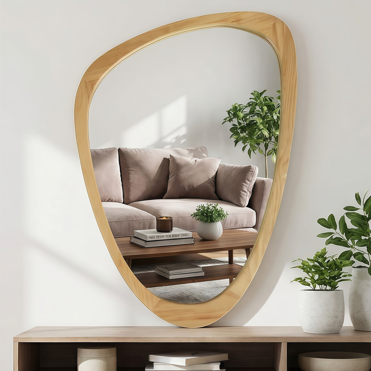 OAK Color 24"x36" Irregular Solid Wood Frame Decorative Mirror