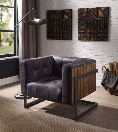 Antique Ebony Rustic Oak Tufted Leather Accent Chair