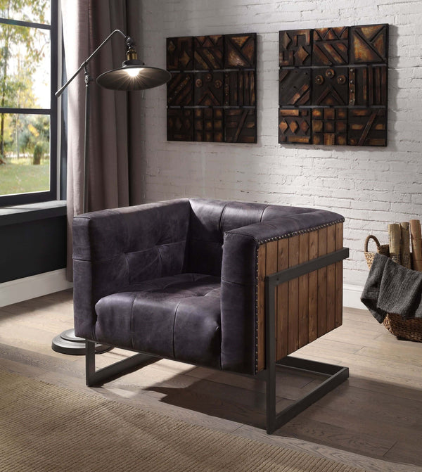 Antique Ebony Rustic Oak Tufted Leather Accent Chair
