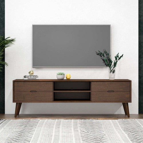 Adrian MCM Solid Wood Media Console TV Stand – 71” Walnut Entertainment Center (Fits Up to 72” TVs) with modern decor