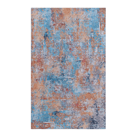Multi-Colored Abstract Washable Area Accent Rug in blue, orange, and gray tones for stylish decor and easy maintenance.