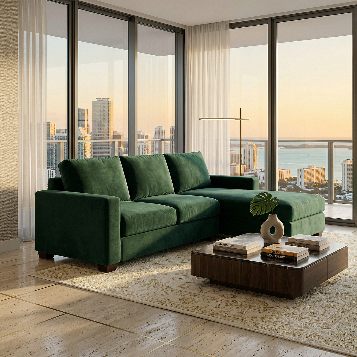 Damon L-Shaped Sectional Sofa – 120" Chaise Sectional in Fabric & Velvet - Velvet Antique Kelly Green - Velvet (4)