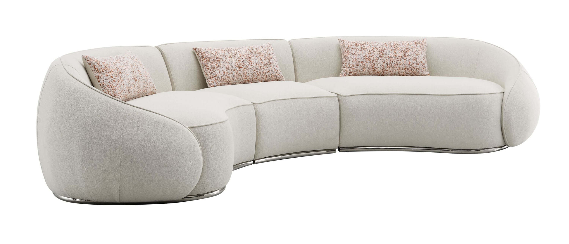 Sahara Beige Boucle Curved Modular Sectional Sofa (2 Sizes) with plush cushions and sleek stainless-steel base.