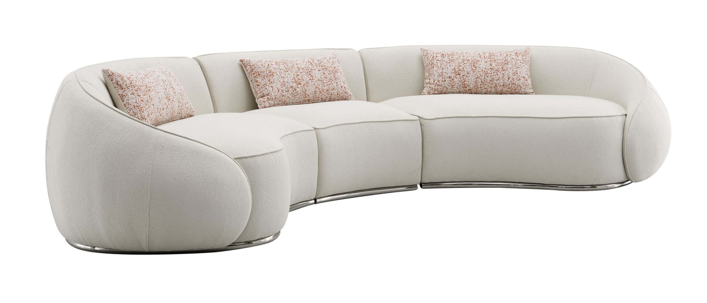 Sahara Beige Boucle Curved Modular Sectional Sofa (2 Sizes) with plush cushions and sleek stainless-steel base.