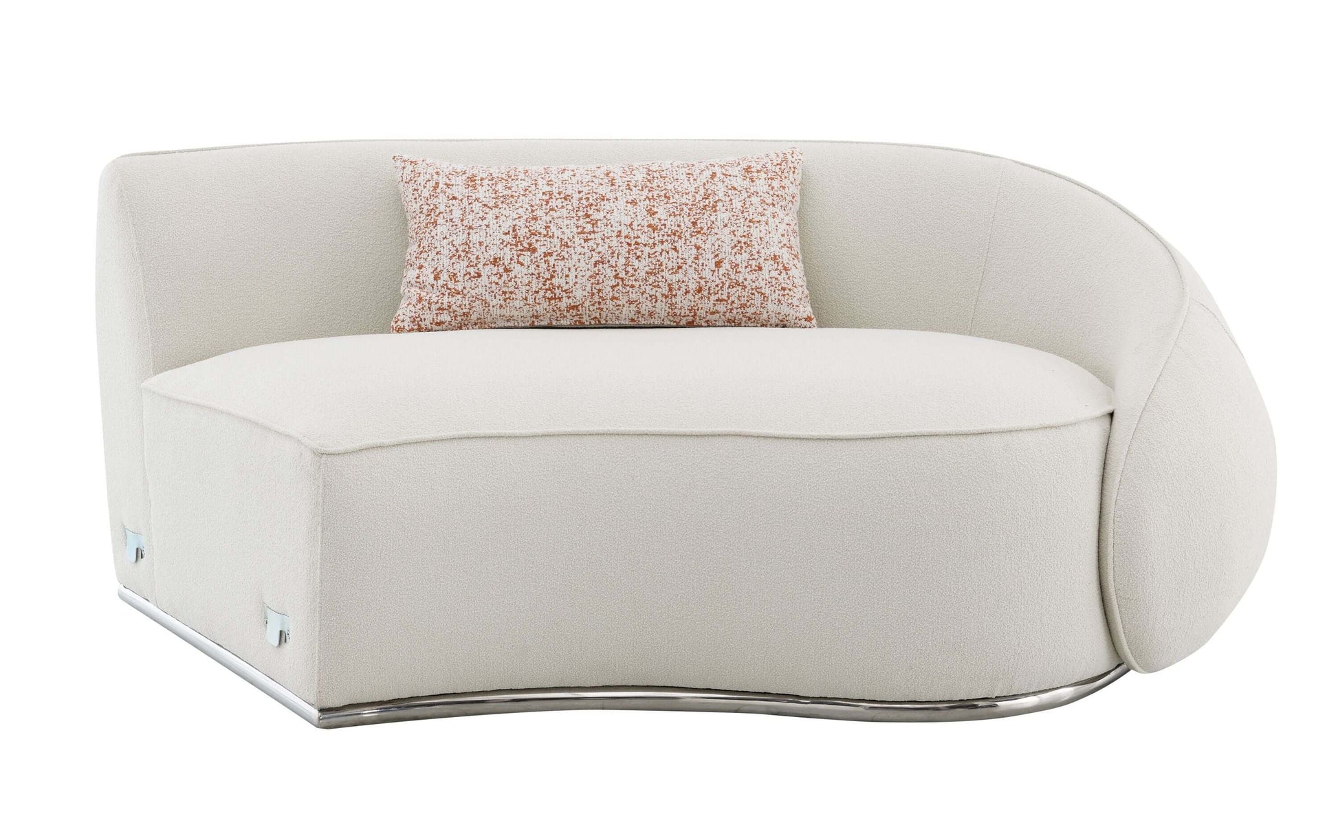 Sahara Beige Boucle Curved Modular Sectional Sofa (2 Sizes) with plush cushion and modern stainless-steel base.