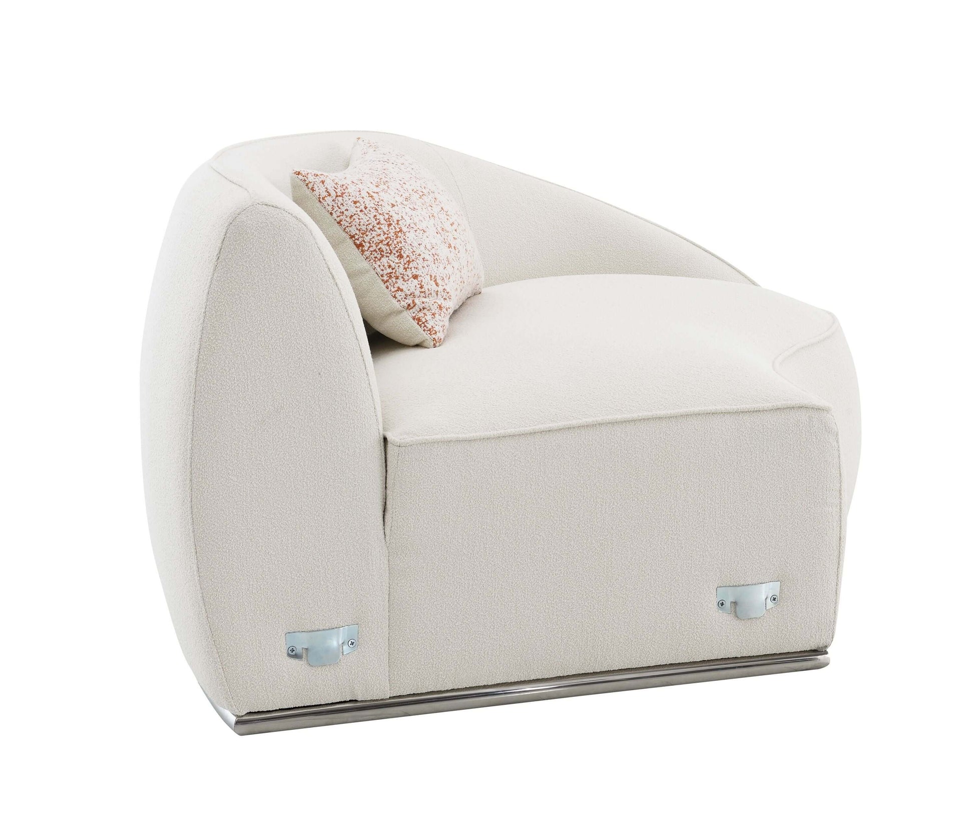 Sahara Beige Boucle Curved Modular Sectional Sofa (2 Sizes) with soft boucle fabric and sleek stainless-steel base.