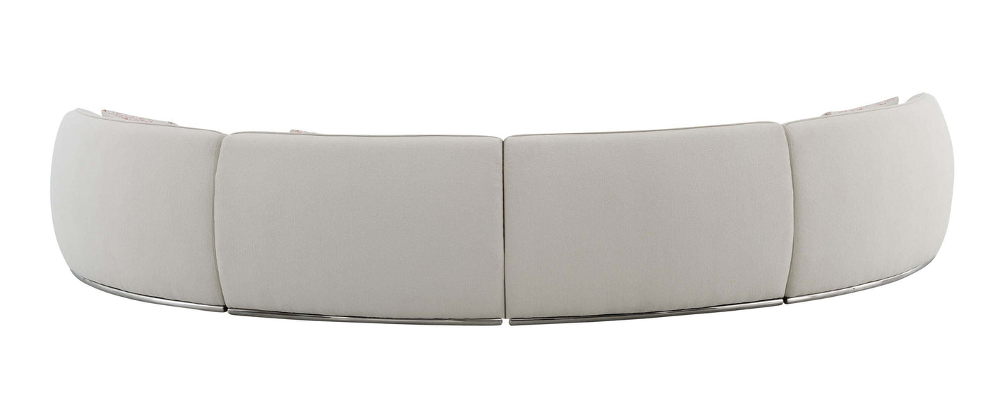 Sahara Beige Boucle Curved Modular Sectional Sofa (2 Sizes) with sleek stainless-steel base and soft boucle upholstery.