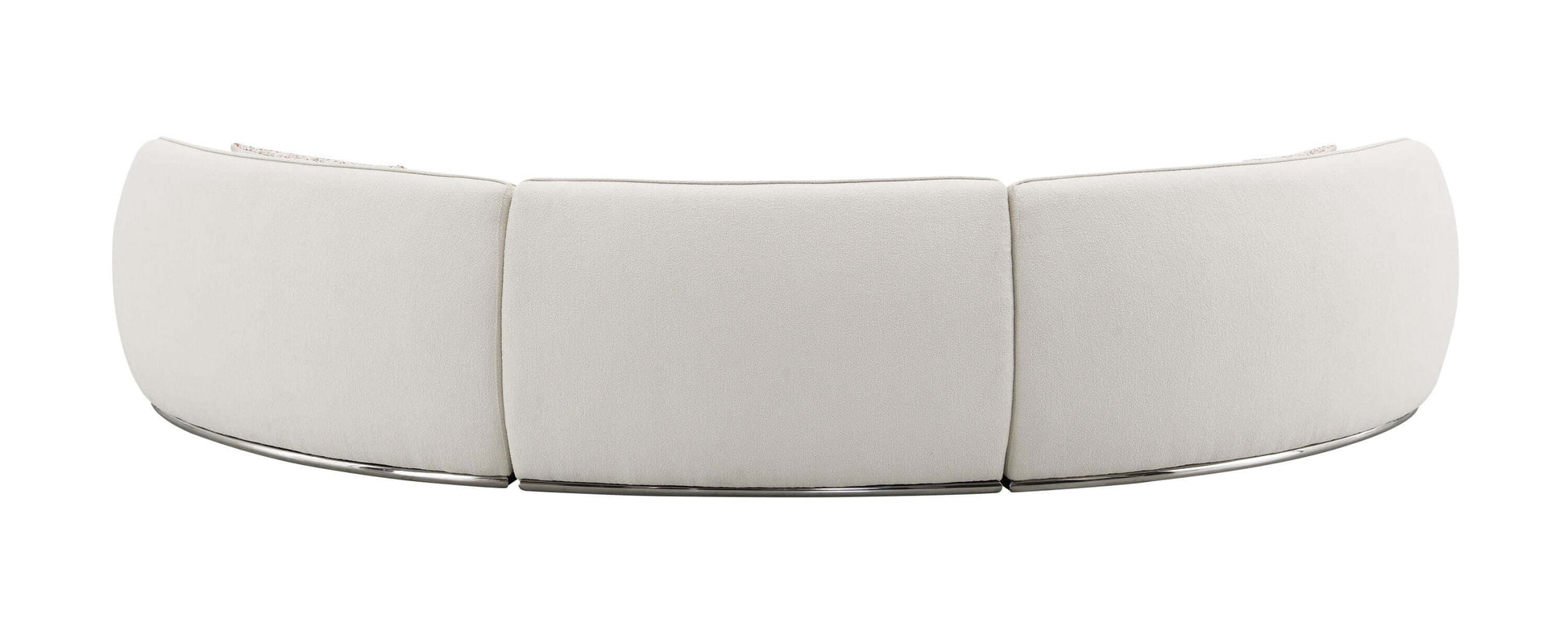 Sahara Beige Boucle Curved Modular Sectional Sofa (2 Sizes) with sculptural design and sleek stainless-steel base.