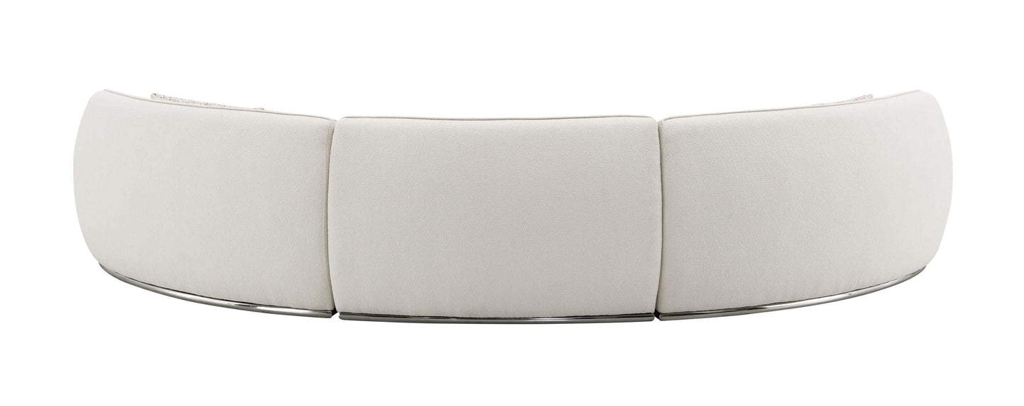 Sahara Beige Boucle Curved Modular Sectional Sofa (2 Sizes) with sculptural design and sleek stainless-steel base.