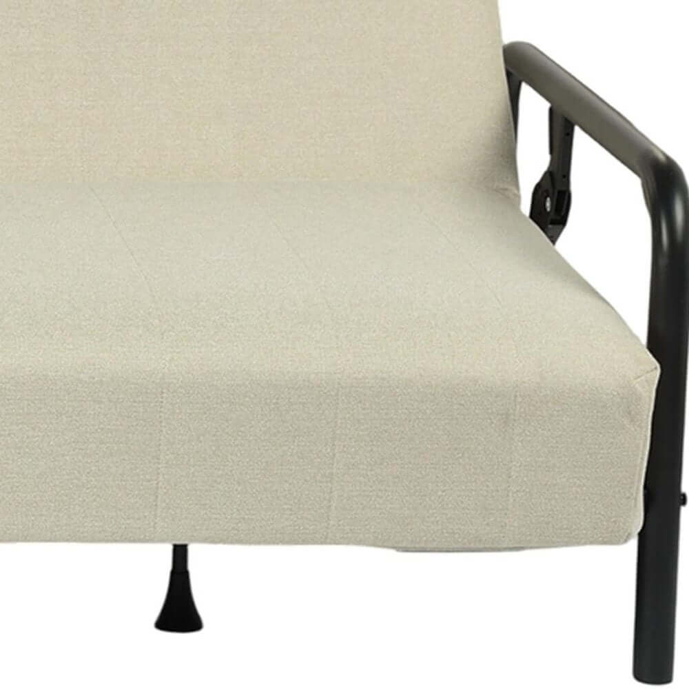 79" Beige Fabric Convertible Futon Steel Sleeper Reclining Sofa close-up view of beige fabric and black metal frame
