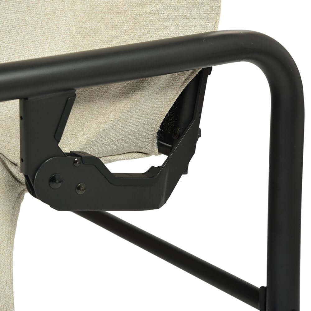 Detail of the mechanism on the 79" Beige Fabric Convertible Futon Steel Sleeper Reclining Sofa for easy transformation.